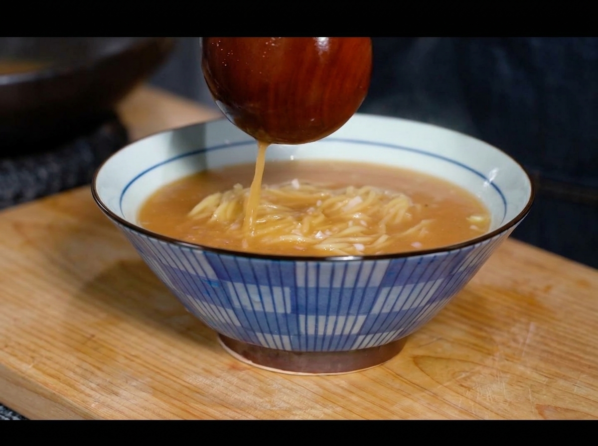 Cucharón de madera vertiendo caldo de miso sobre fideos ramen en un bol azul y blanco.