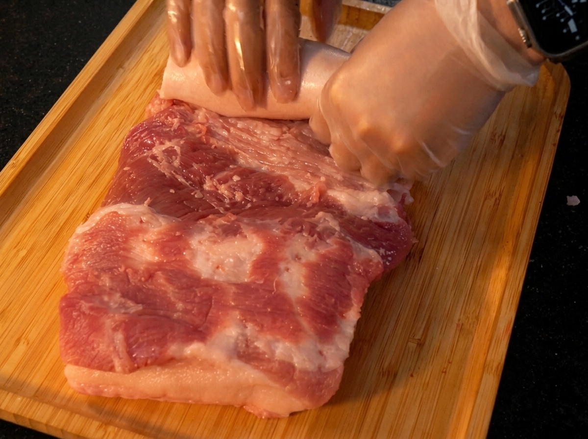 Manos con guantes enrollando firmemente una pieza rectangular de panceta de cerdo sobre una tabla de bambú.