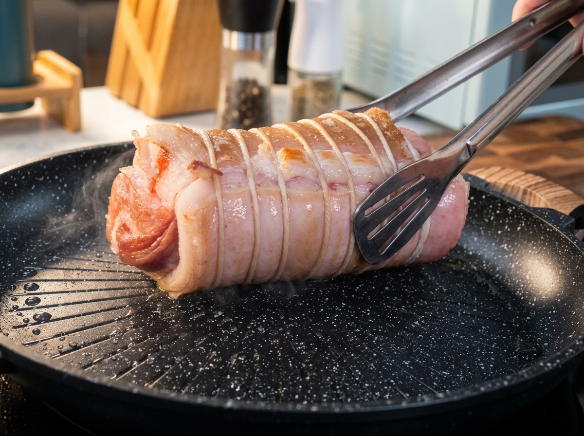 Un rollo de panceta atado sellándose en una sartén caliente, sostenido por pinzas de cocina.