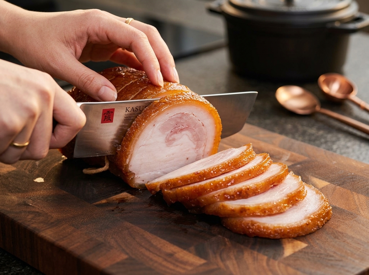 Una persona usando un cuchillo de chef afilado para cortar rodajas de chashu de cerdo frío en una tabla de madera.