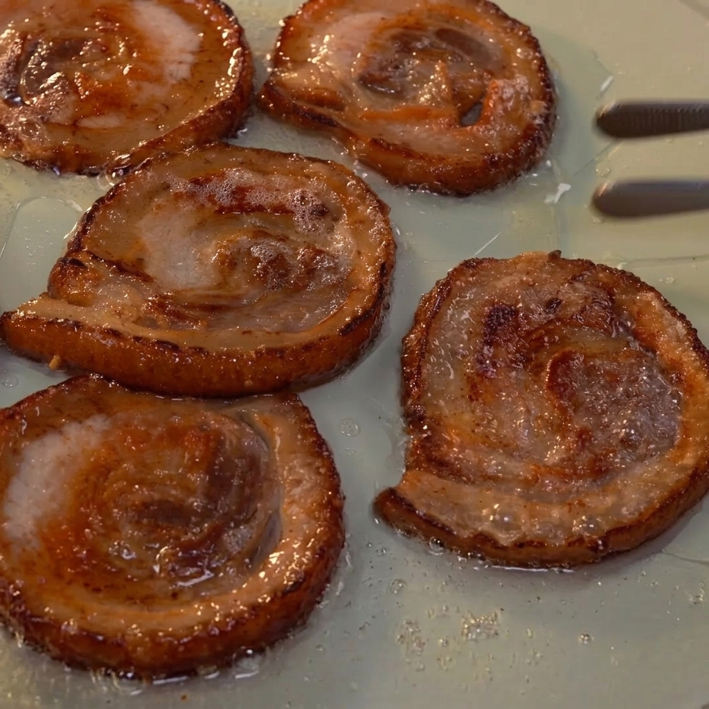 Rodajas de chashu de cerdo caramelizándose en una sartén hasta quedar doradas.
