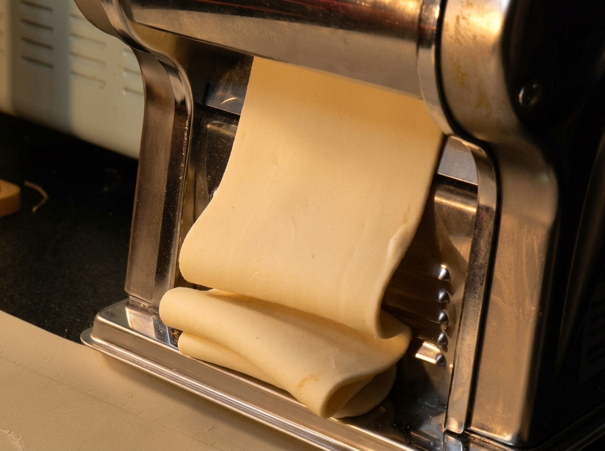 Una lámina suave de masa de fideos pasando por una máquina de pasta de acero inoxidable.