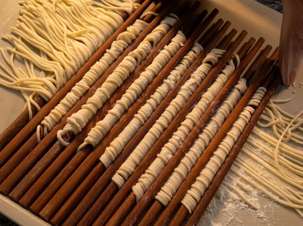 Tiras de fideos frescos organizadas sobre palillos de madera para formar bloques ondulados.