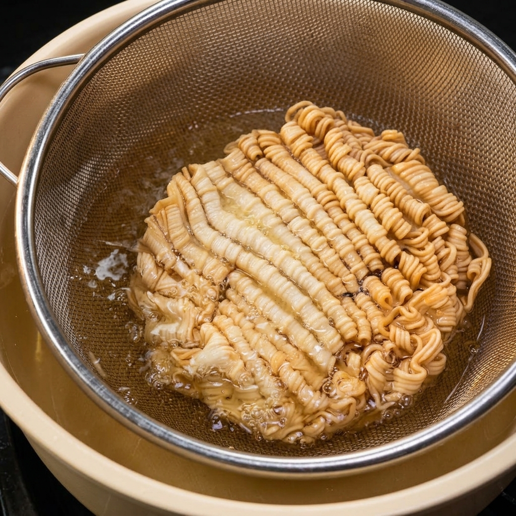 Un bloque de fideos ramen ondulados friéndose en un colador metálico sumergido en aceite caliente.