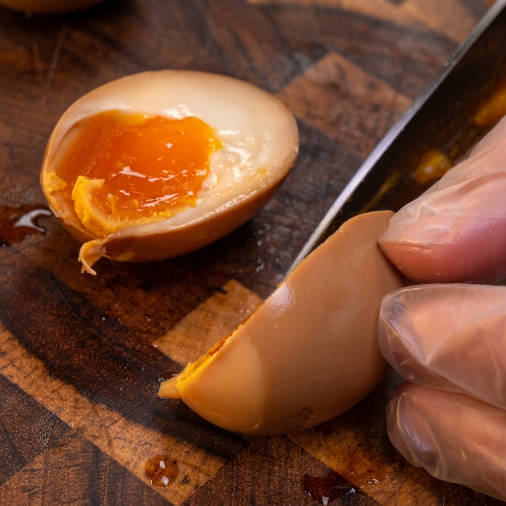 Una mano con guante cortando un huevo marinado por la mitad, revelando una yema naranja cremosa.