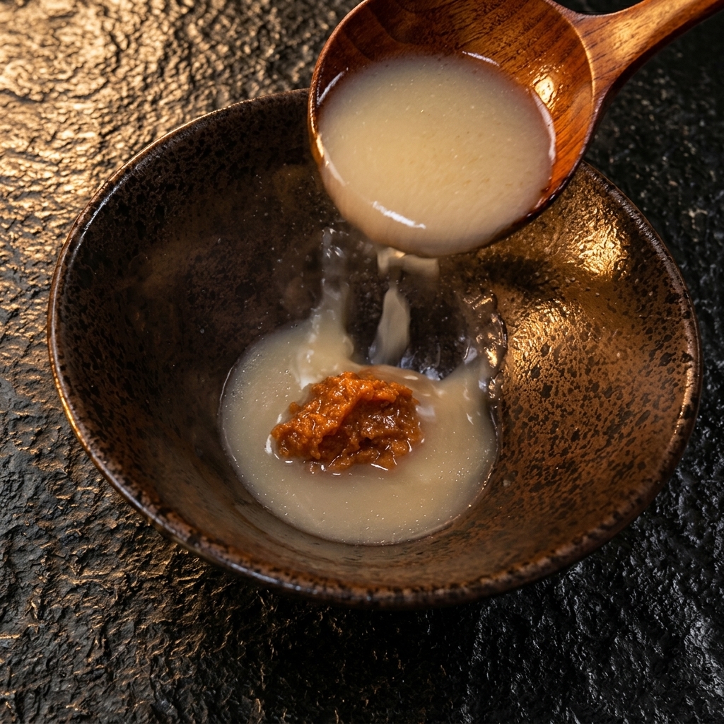 Caldo de cerdo blanco vertiéndose desde un cucharón sobre una porción de pasta de miso en un cuenco de cerámica.