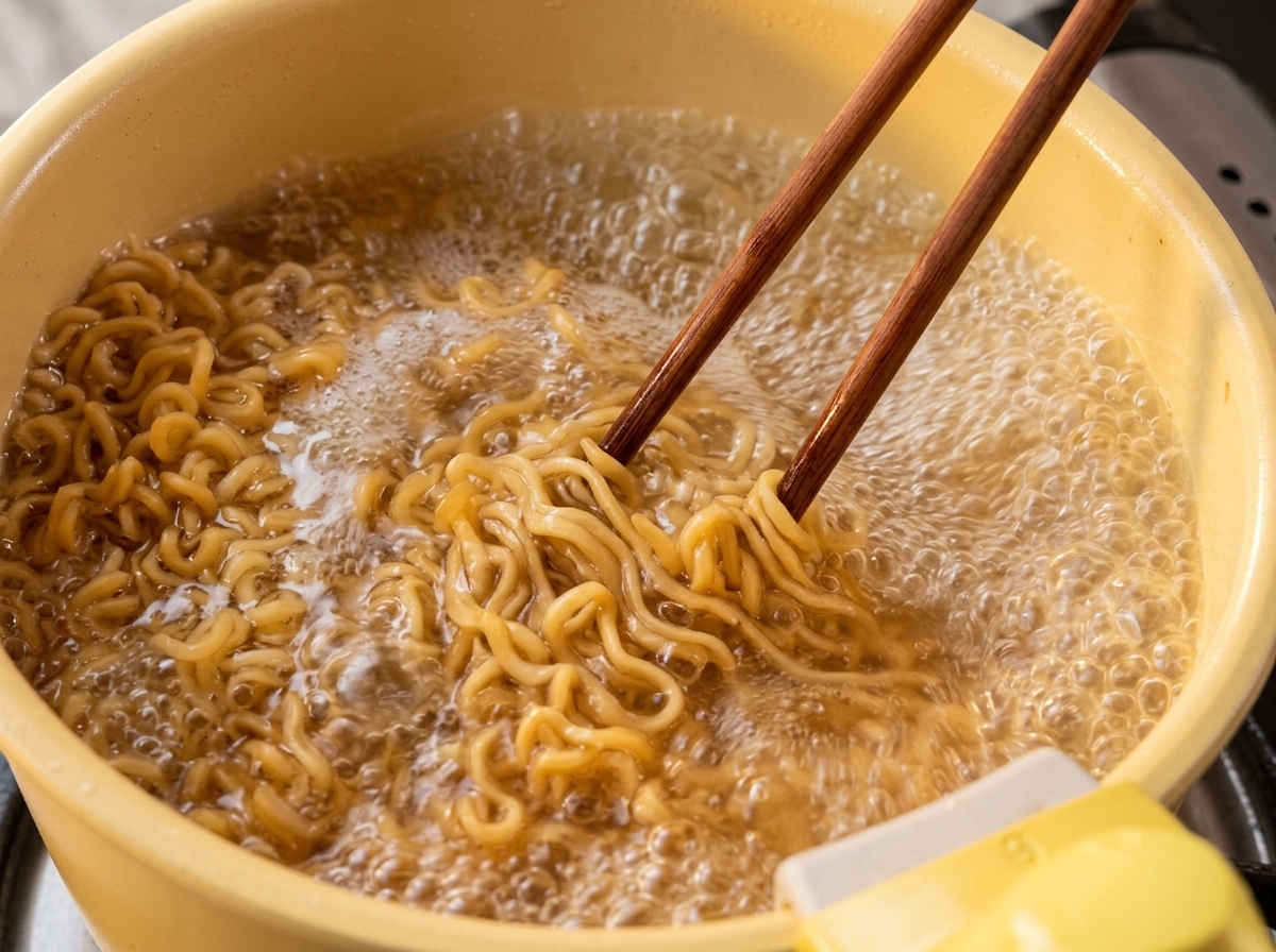 Fideos ramen ondulados hirviendo en una olla con agua, siendo removidos con palillos de madera.