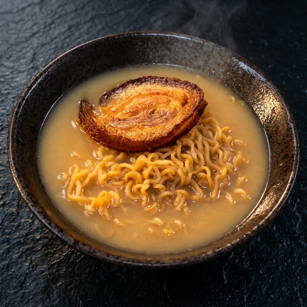 Un cuenco de cerámica con caldo cremoso y fideos, coronado con una rodaja gruesa de chashu de cerdo sellado.