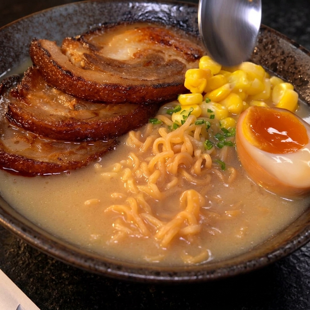 Una cuchara de plata añadiendo maíz dulce a un cuenco de ramen con chashu, cebolletas y huevo marinado.