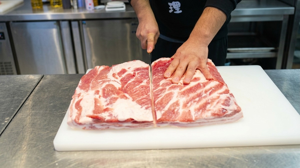 Manos sosteniendo un cuchillo grande, cortando por la mitad una plancha plana de panceta de cerdo cruda.