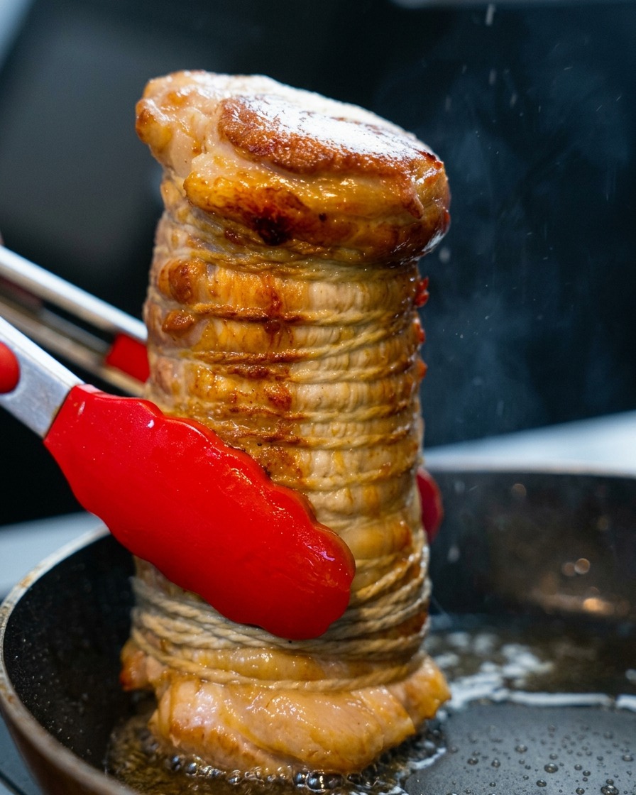 Pinzas rojas sosteniendo un rollo de cerdo para mostrar su exterior dorado y caramelizado.
