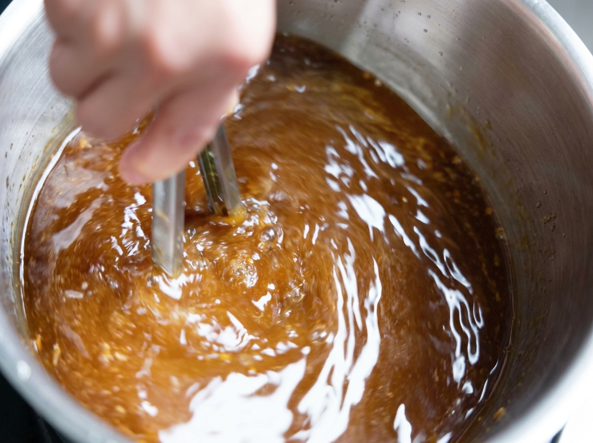 Mano removiendo con unas pinzas una salsa oscura y burbujeante en una olla de metal.