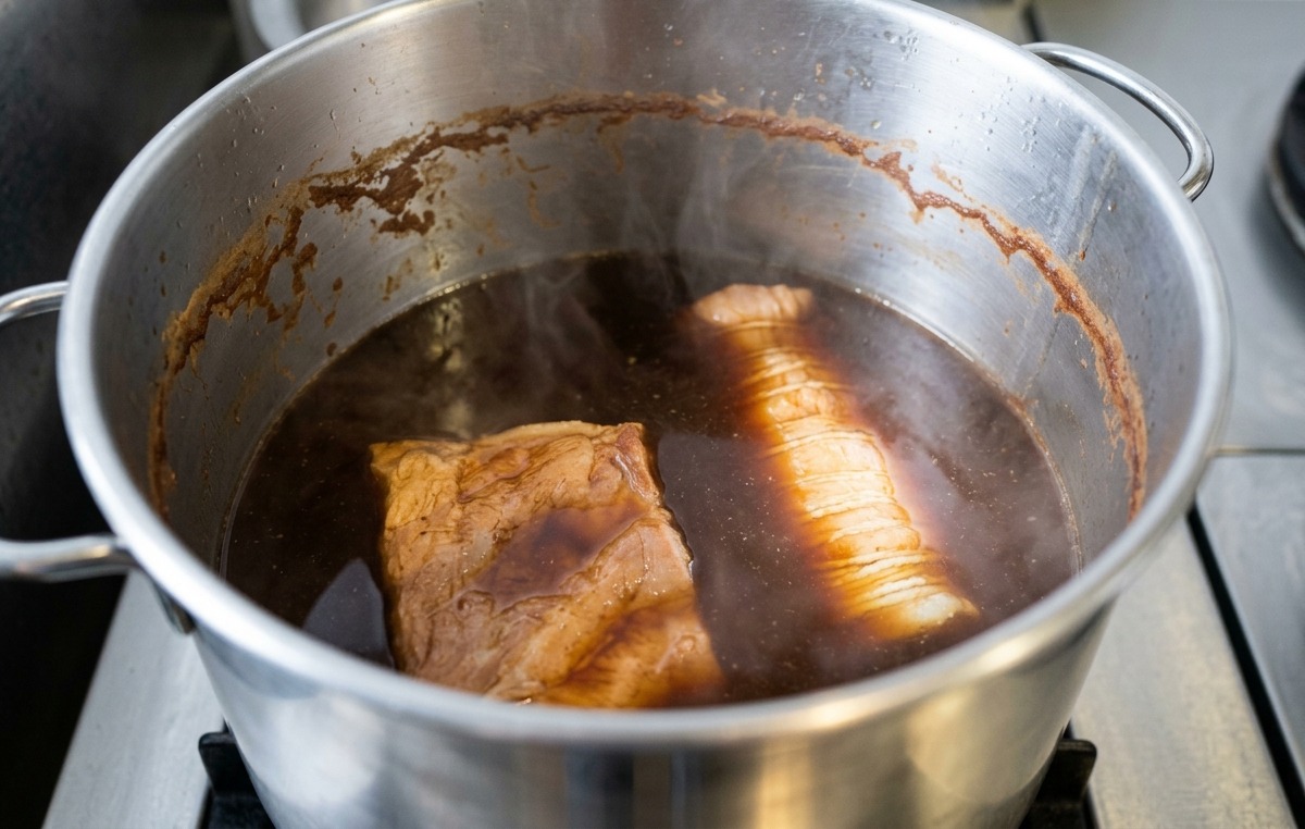 Trozos de panceta atados cocinándose a fuego lento en una olla profunda con marinado oscuro.