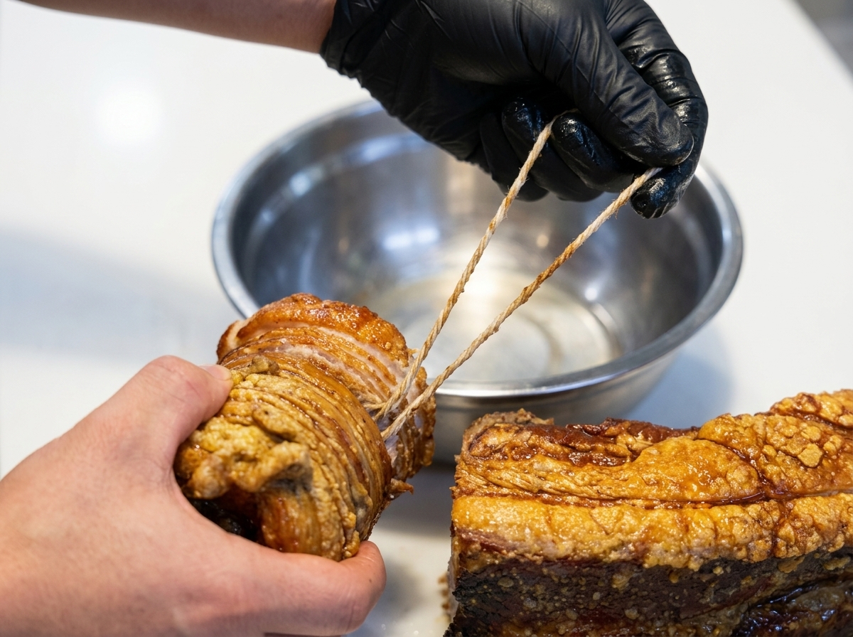 Manos con guantes desatando y quitando con cuidado el hilo de un rollo de cerdo perfectamente cocido y glaseado.