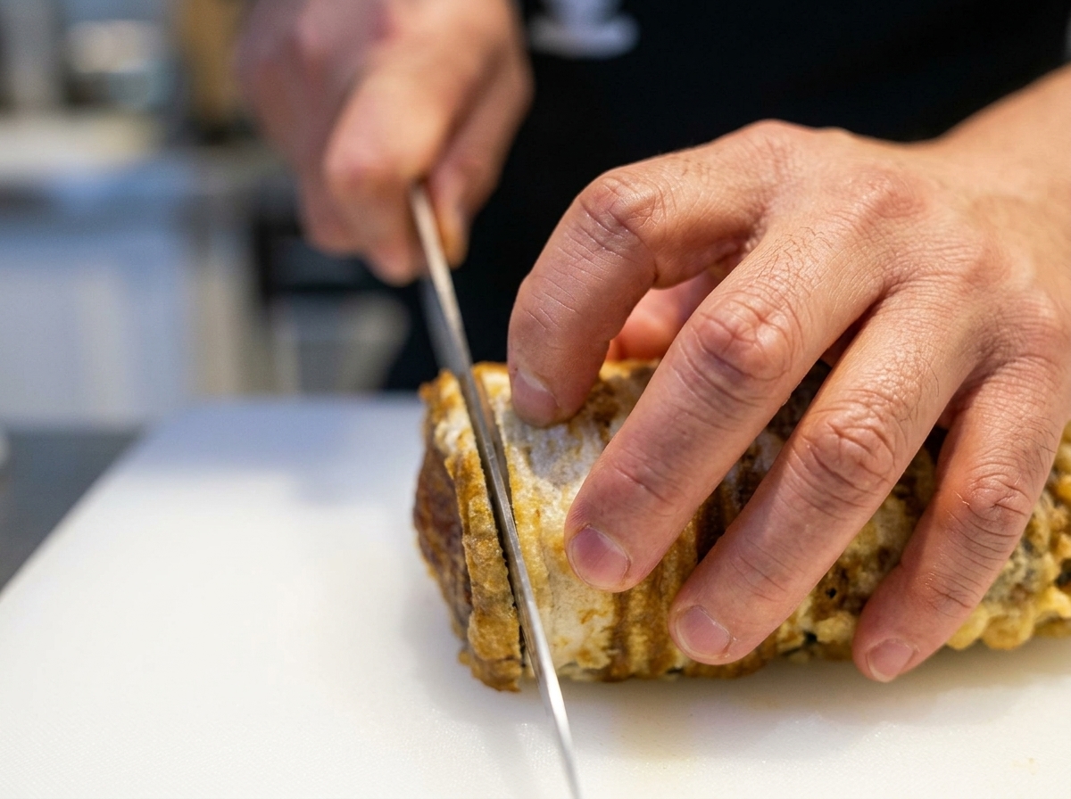 Manos usando un cuchillo afilado para cortar con cuidado un rollo de chashu en finas rodajas sobre una tabla blanca.