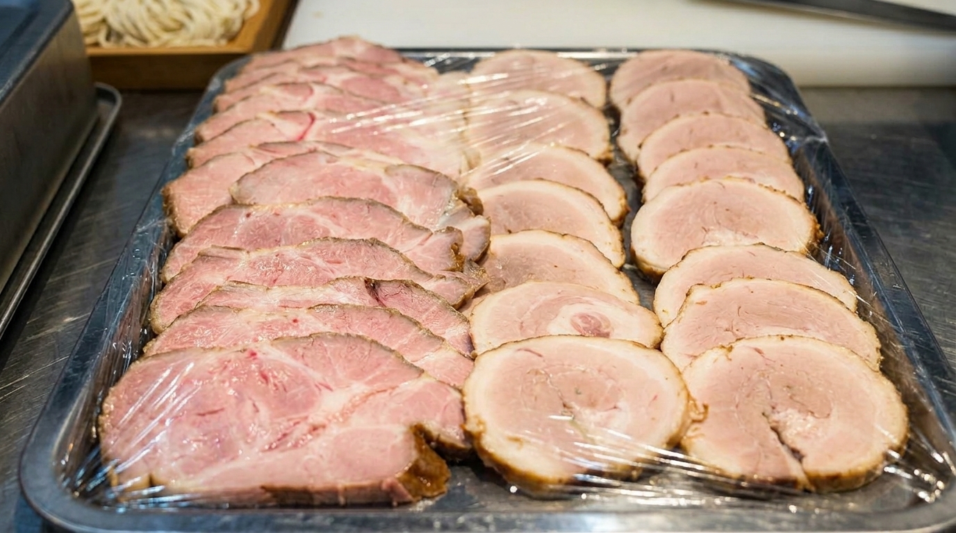 Finas lonchas de chashu japonés perfectamente redondas, mostrando una carne tierna con bordes oscuros y caramelizados.