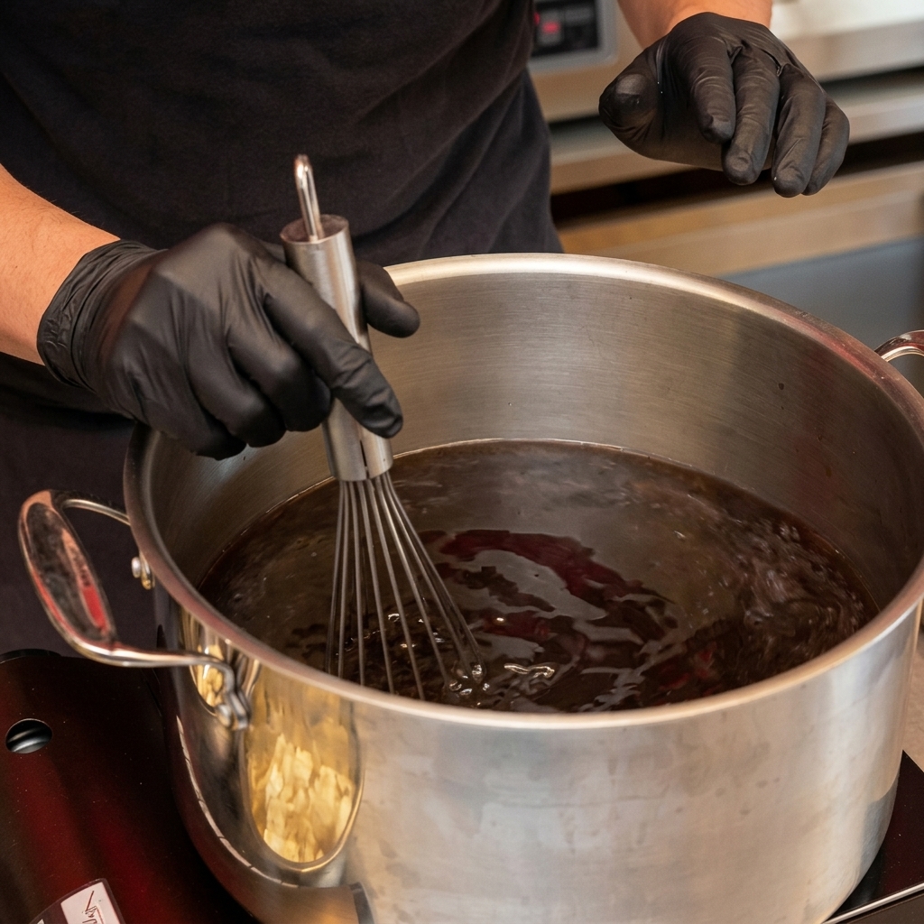 Manos con guantes usando un batidor de varillas grande para mezclar el líquido oscuro dentro de una olla de acero inoxidable.
