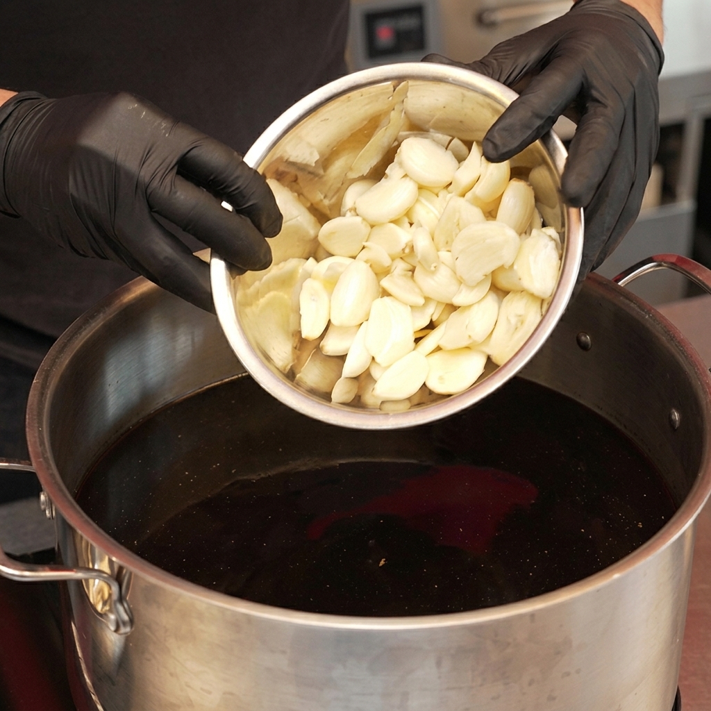 Manos con guantes echando un bol de dientes de ajo enteros machacados a la mezcla de soja oscura.