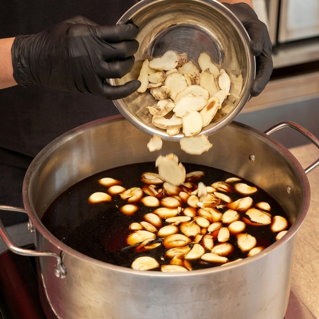 Manos con guantes añadiendo un bol de jengibre fresco en rodajas al líquido oscuro en la olla de acero inoxidable.