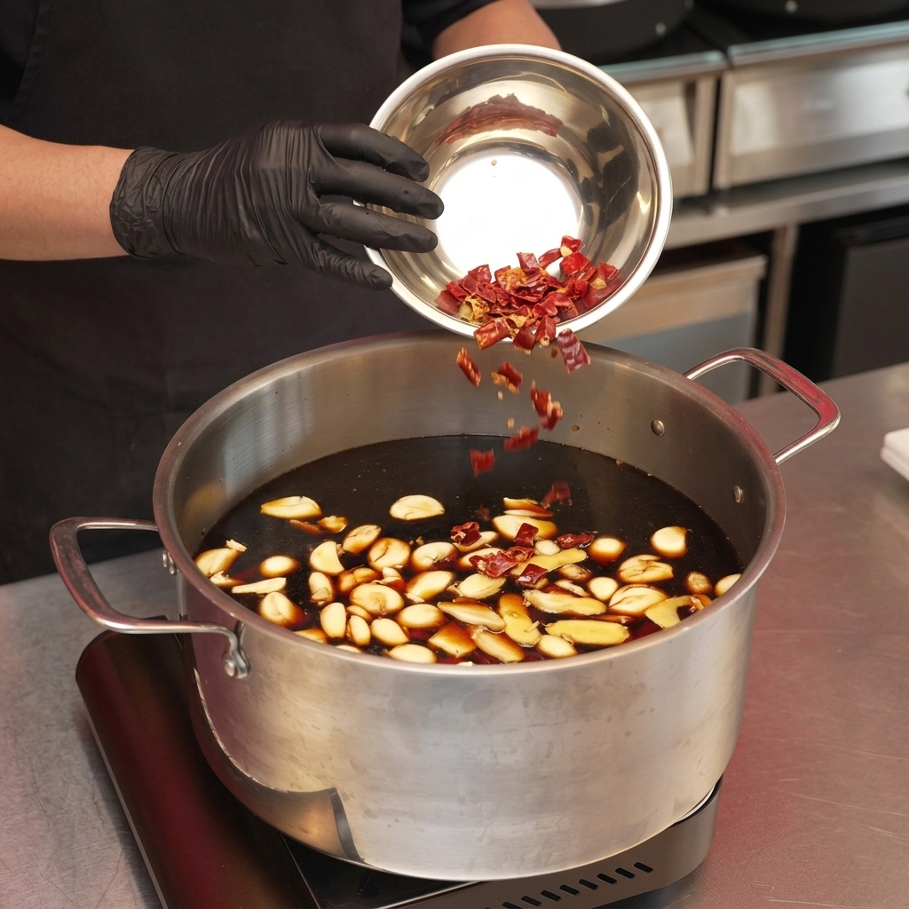 Manos con guantes vertiendo trozos de chiles rojos secos desde un bol metálico a la salsa.