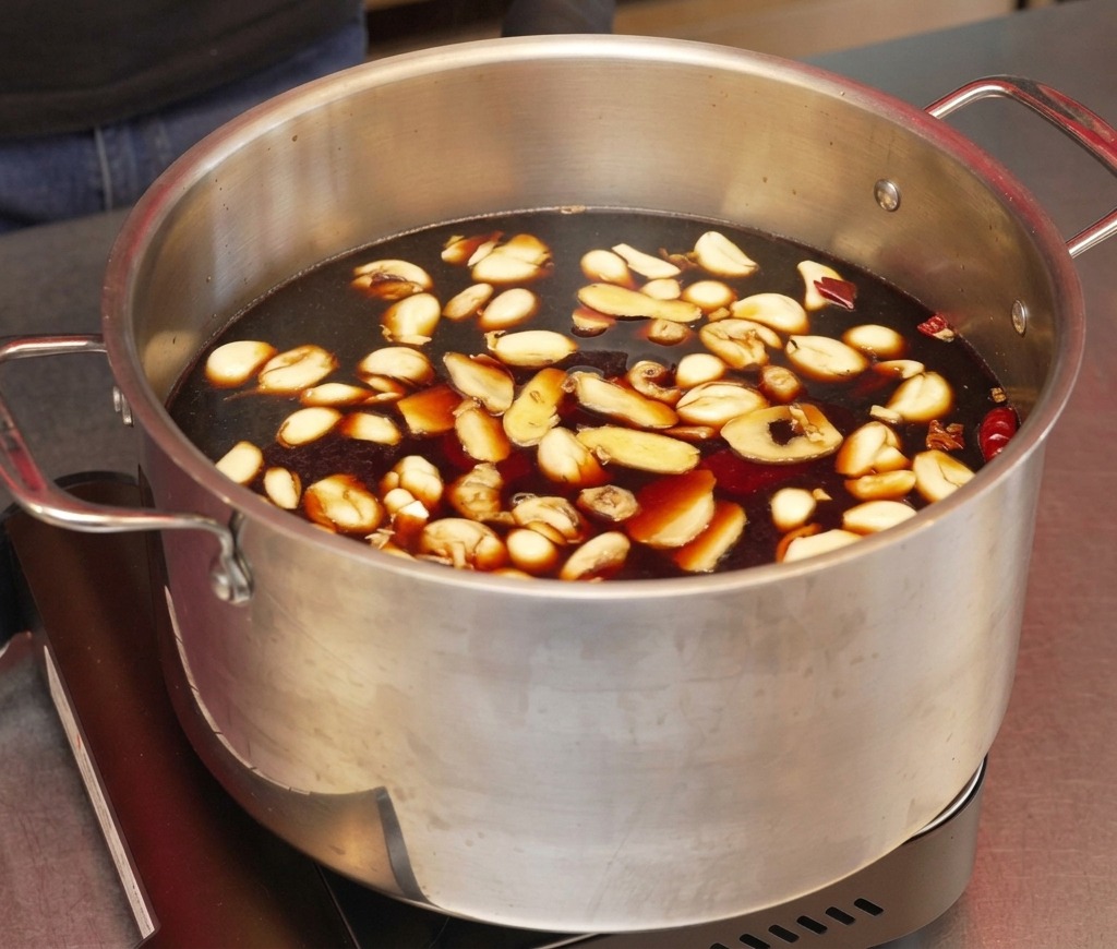 Una olla grande de acero inoxidable llena de salsa marrón oscuro hirviendo a fuego lento, con ajos, rodajas de jengibre y chiles rojos flotando.