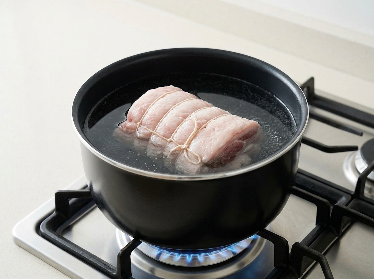 Un rollo cilíndrico de panceta de cerdo atado con hilo de cocina sumergido en una olla con agua sobre una estufa de gas.