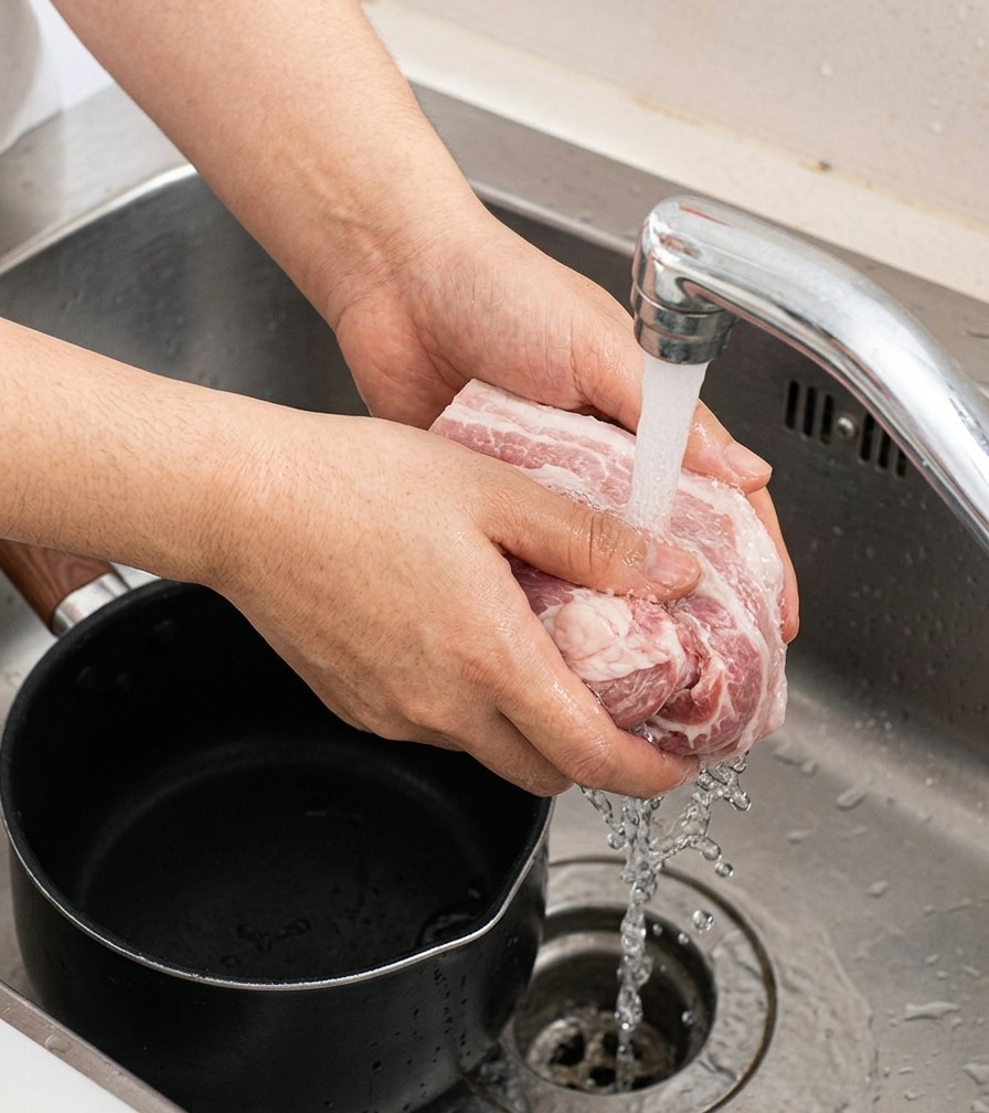 Manos enjuagando un rollo atado de panceta de cerdo hervida bajo agua corriente fría en un fregadero de acero inoxidable.