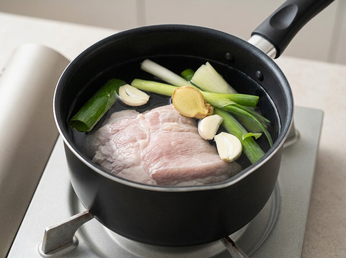 Un bloque de panceta de cerdo cruda sumergida en una olla negra con agua junto con cebolletas verdes frescas, dientes de ajo y una rodaja de jengibre.