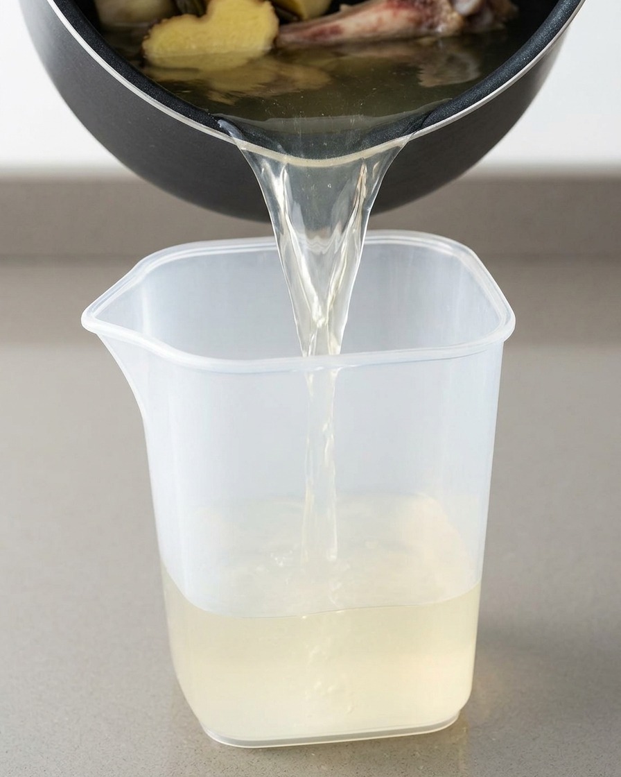 Caldo de cerdo pálido y ligeramente turbio que se vierte de una olla de cocción en una jarra medidora de plástico transparente.