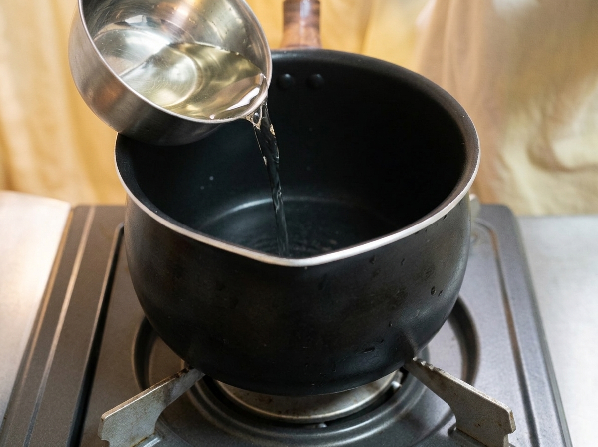 Líquido transparente de una pequeña taza medidora de metal que se vierte en una olla negra vacía en una estufa.