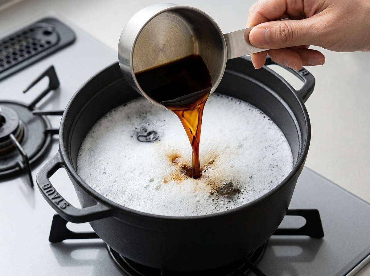 Salsa de soja oscura que se vierte desde una taza medidora de acero inoxidable en una olla con líquido blanco burbujeante y espumoso.