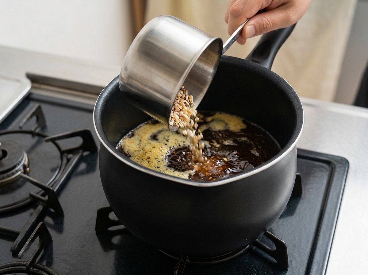 Una persona vertiendo azúcar grueso desde una taza medidora de metal en una olla negra con un líquido oscuro de estofado en una estufa.