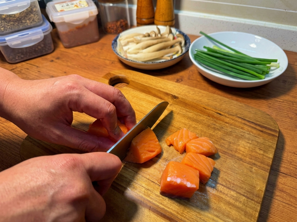 Manos usando un cuchillo para cortar un filete de salmón fresco en trozos uniformes sobre una tabla de madera.