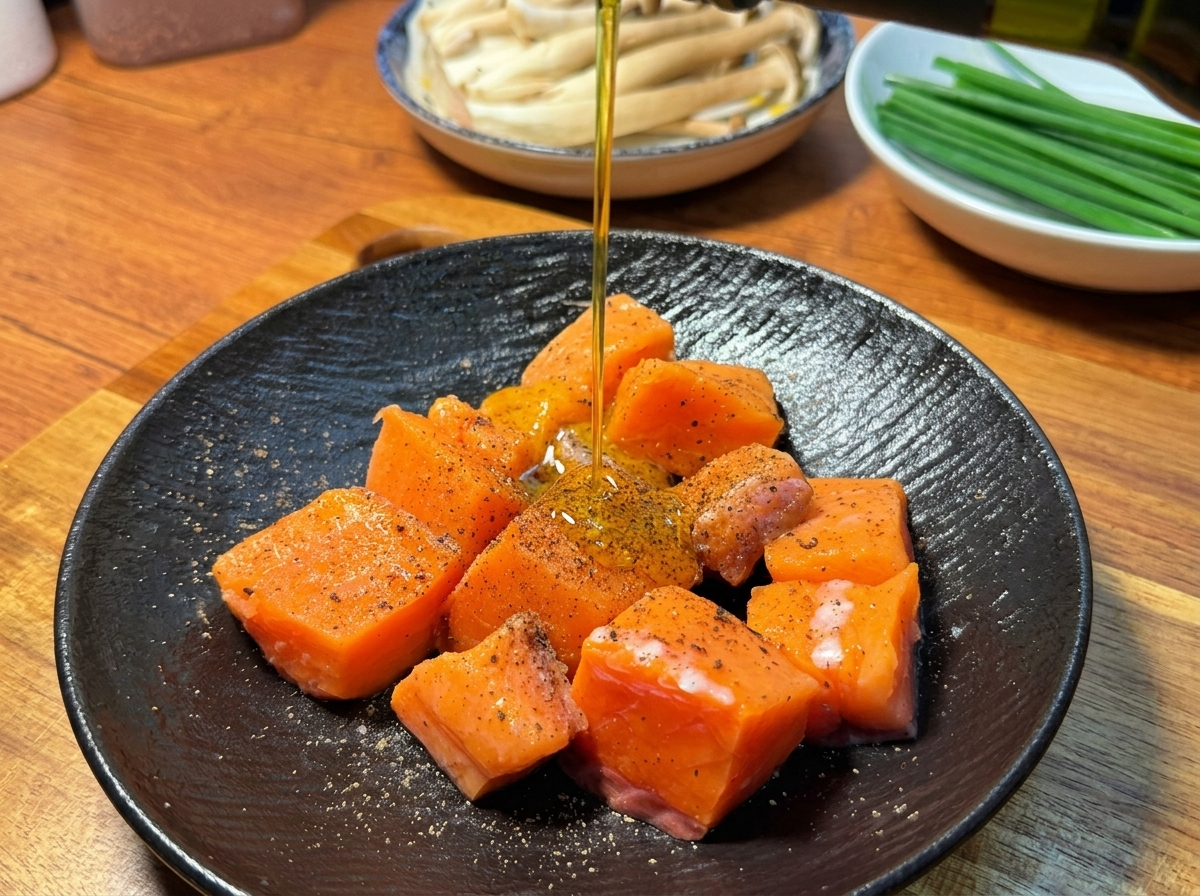 Un chorrito de aceite de oliva cayendo sobre trozos de salmón sazonados en un plato negro.