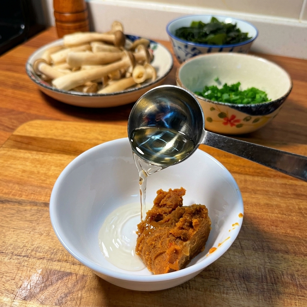 Vertiendo condimento líquido en un bol blanco que contiene miso y pasta de chile coreana.