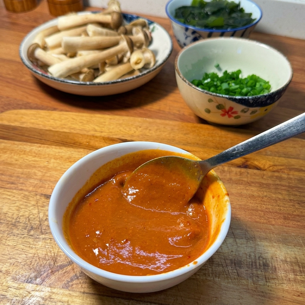 Una salsa picante de miso de color rojo oscuro bien mezclada en un bol blanco con una cuchara.
