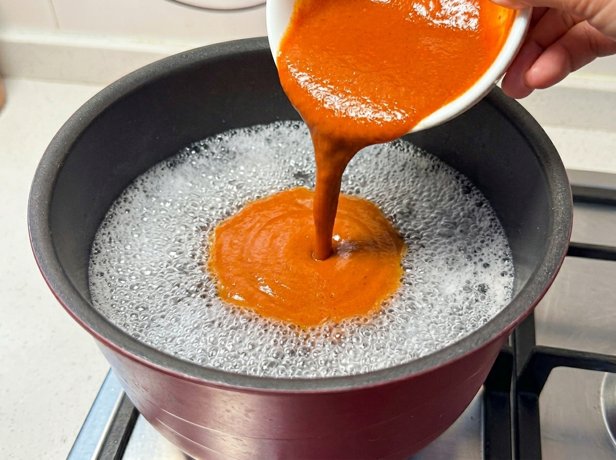 Vertiendo la salsa de miso picante en una olla con agua hirviendo con fuerza.