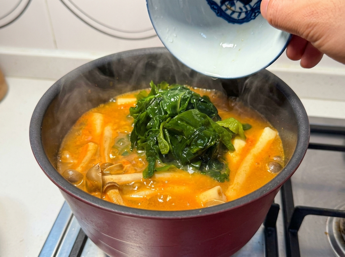 Una mano echando alga wakame hidratada desde un bol pequeño a una olla de caldo naranja con setas.
