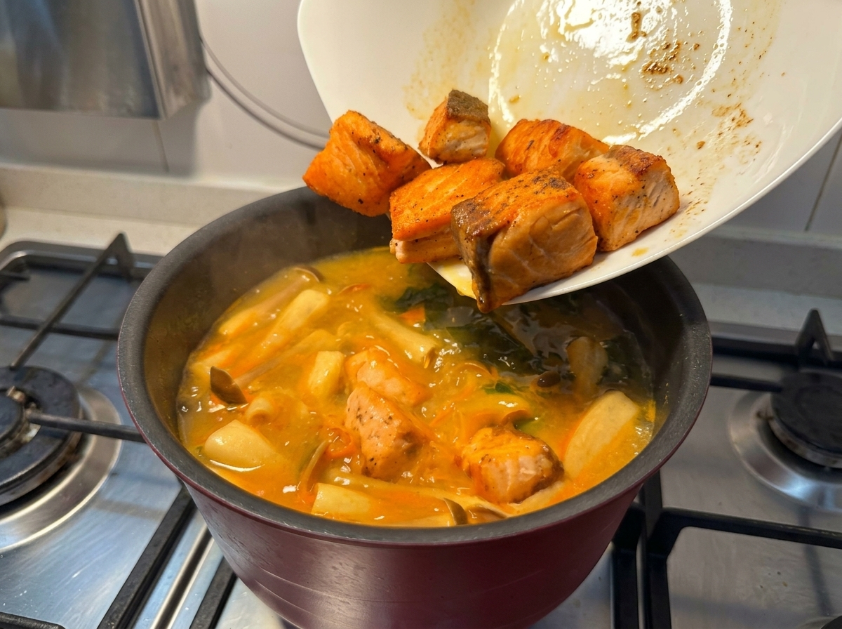 Trozos de salmón dorado deslizándose desde un plato blanco a una olla de sopa de miso naranja burbujeante.