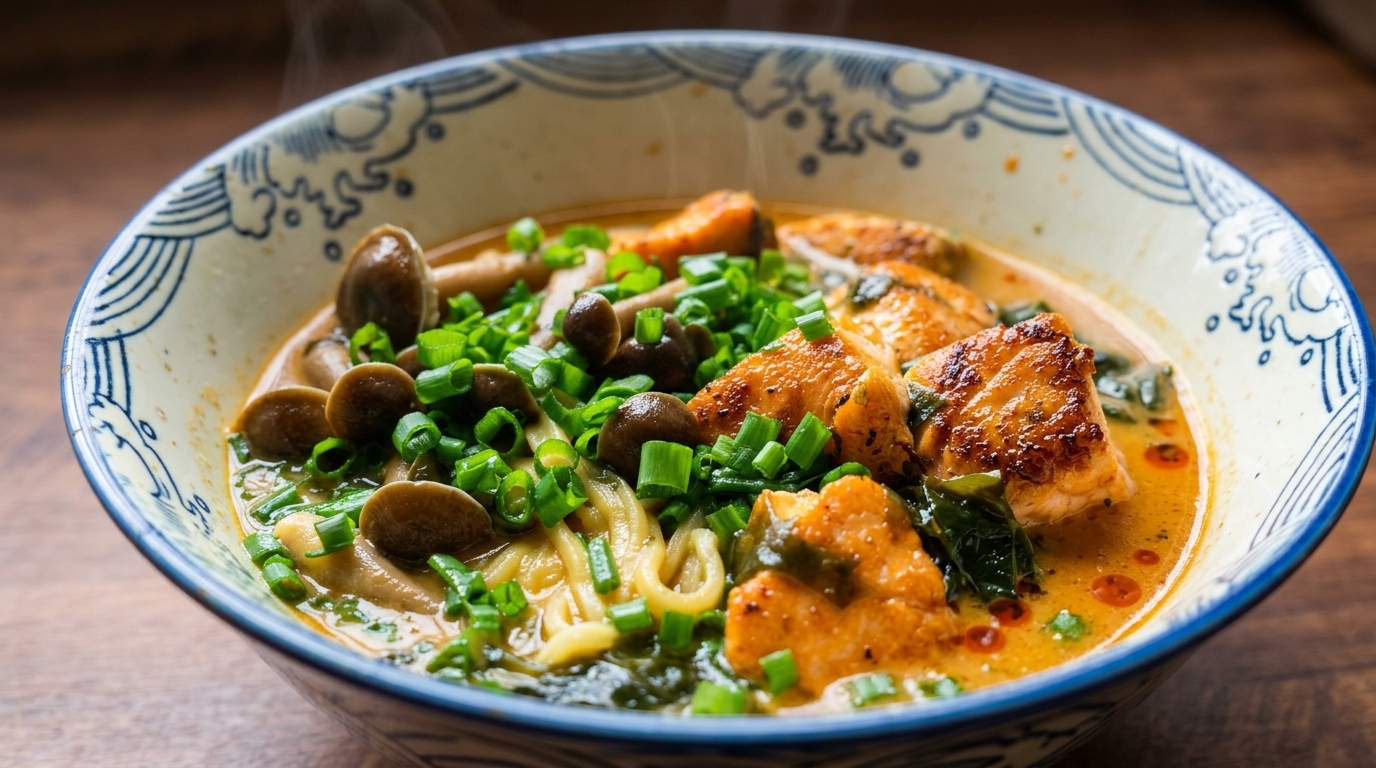 Un reconfortante bol de ramen de salmón con miso picante, acompañado de setas shimeji, alga wakame y cebolleta fresca.