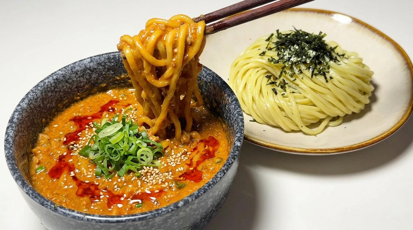 Tsukemen intenso de miso y leche de soja (fideos japoneses para mojar)