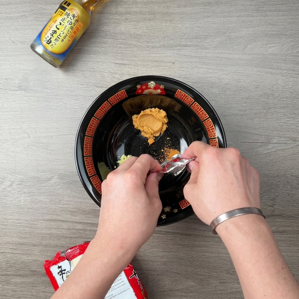 Una persona vertiendo el polvo rojo de un paquete de ramen instantáneo en un bol con ajo y miso.