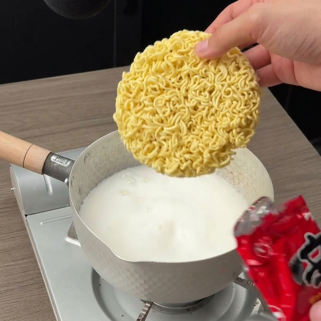 Una mano dejando caer el bloque de fideos secos en una olla con caldo de leche hirviendo.