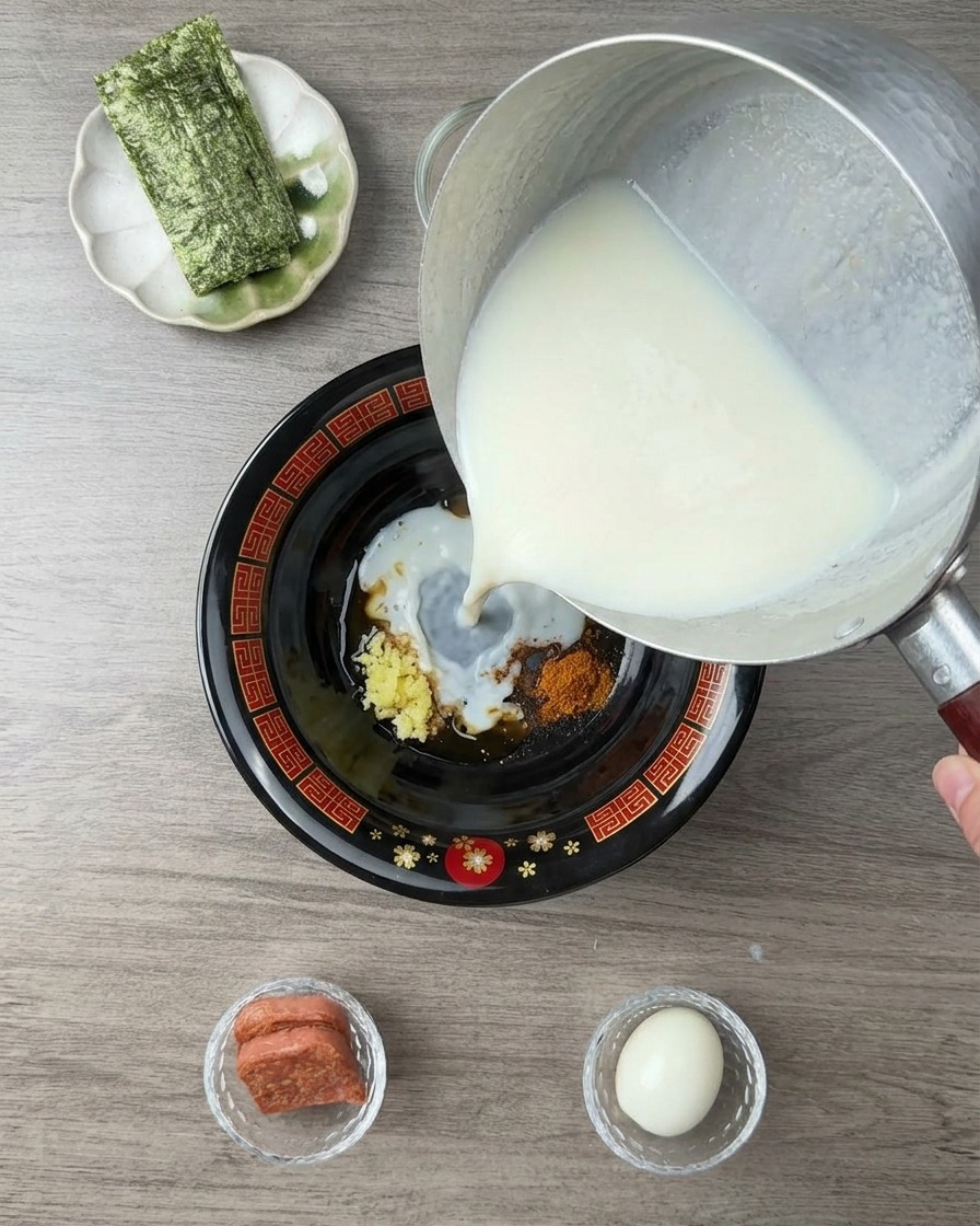 Caldo de leche caliente y opaco vertiéndose desde una olla a un bol sobre la mezcla de condimentos.