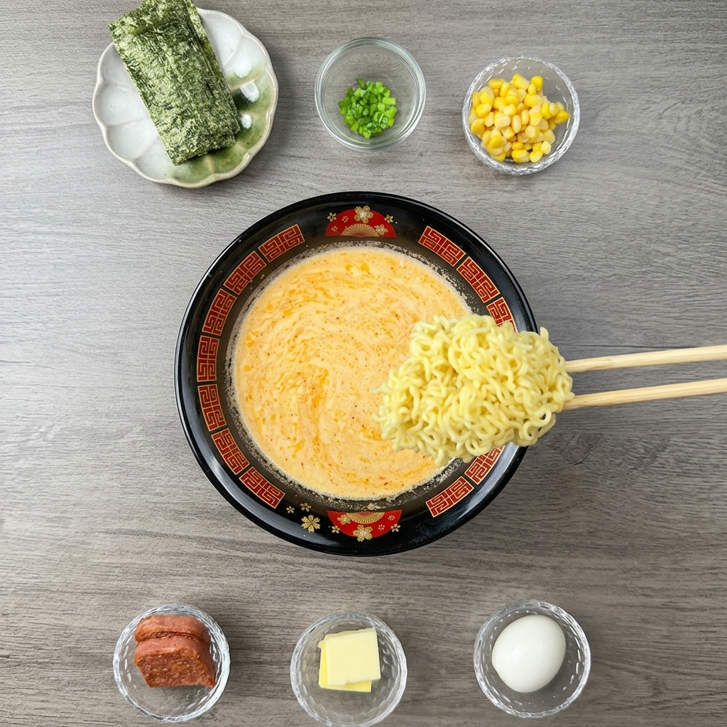 Un manojo de fideos ondulados sobre un bol de caldo naranja cremoso rodeado de varios ingredientes para decorar.