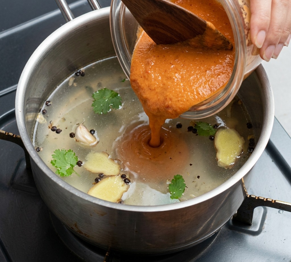 Vertiendo la mezcla roja de miso y chile desde un recipiente de vidrio en la olla con agua hirviendo y aromáticos.