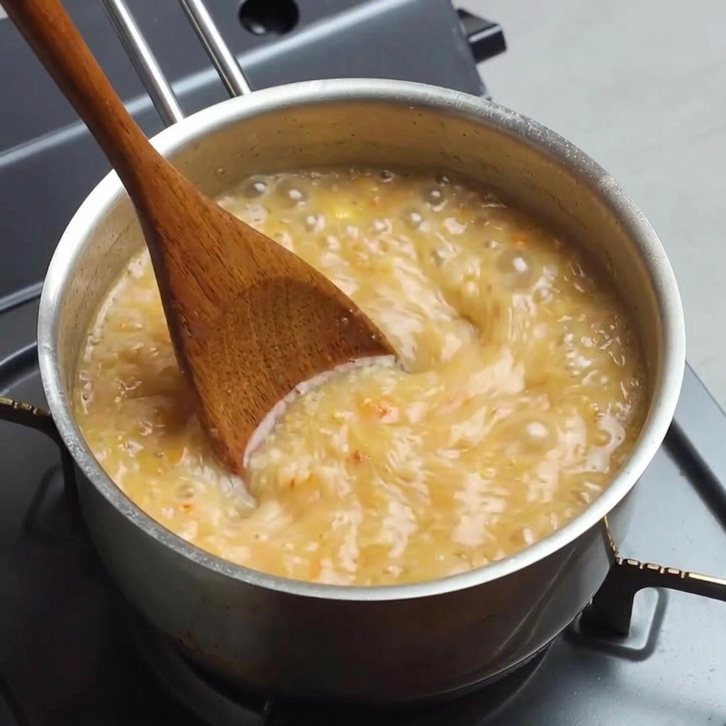 Una cuchara de madera removiendo un caldo naranja burbujeante en una olla de metal sobre la estufa.