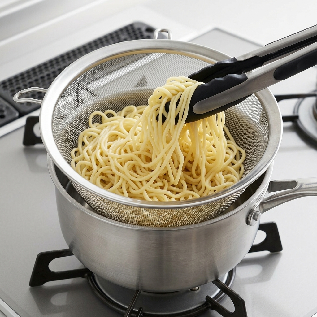 Pinzas negras levantando fideos ramen cocidos hacia un colador de malla sobre una olla.