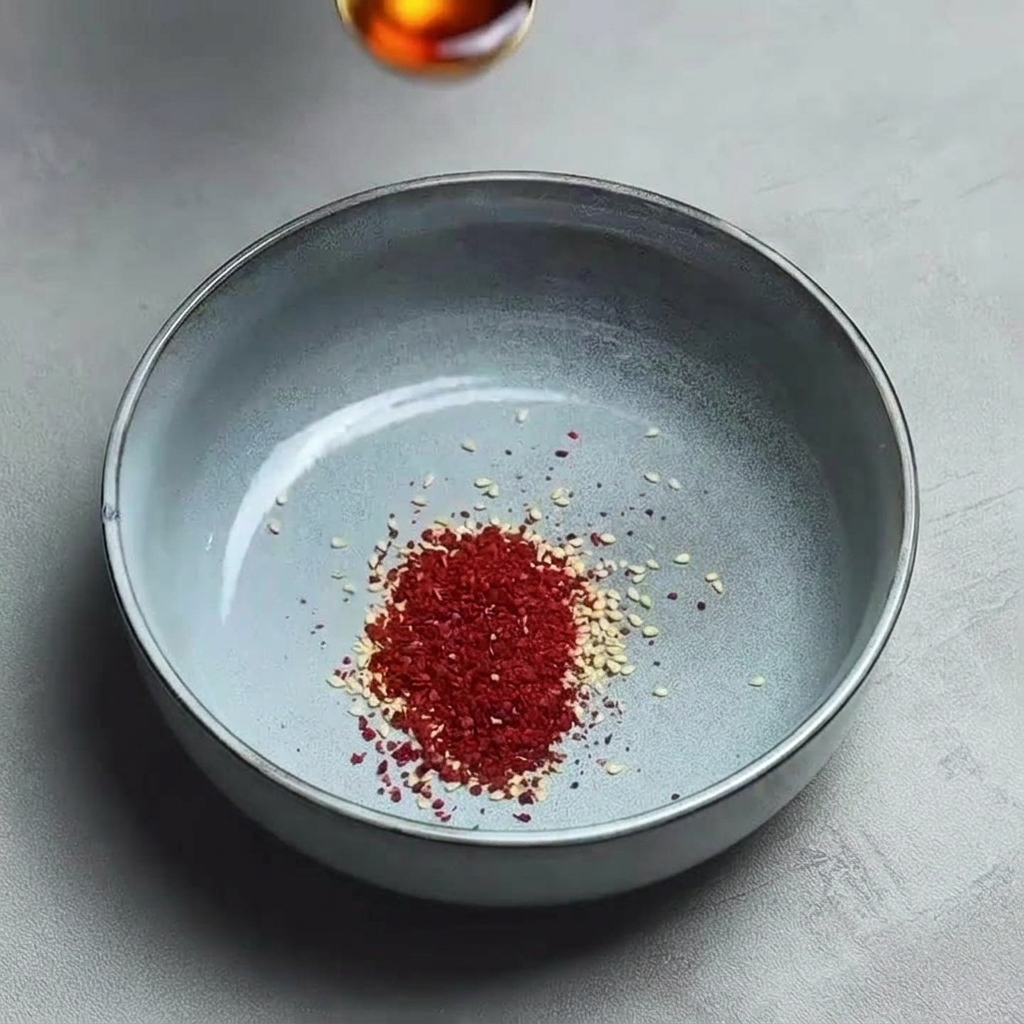 Copos de chile y semillas de sésamo en un cuenco cerámico gris mientras se vierte aceite de chile desde arriba.