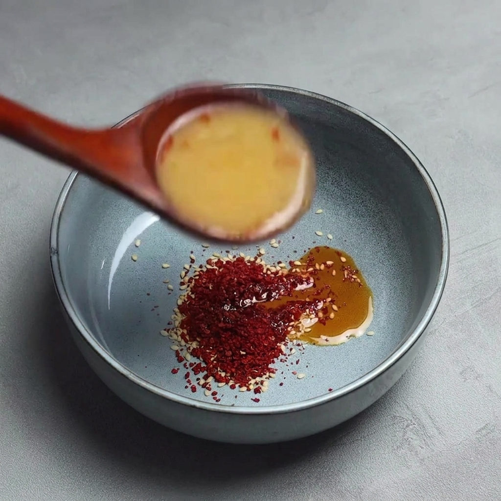 Un cucharón vertiendo caldo caliente y turbio en un bol gris con sésamo, chile y aceite.